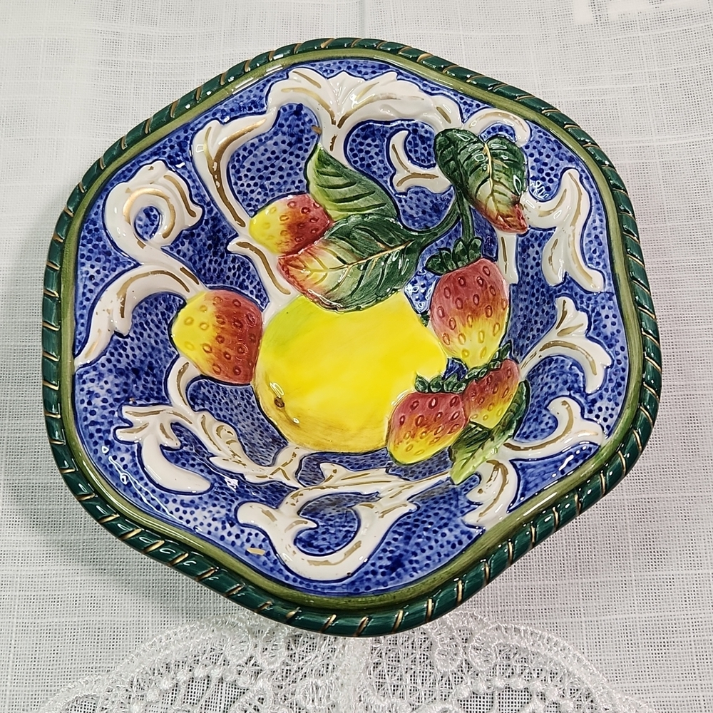 Fitz and Floyd Florentine Fruits al Fresco Blue Nuts Candy Dish, Octagonal Shape